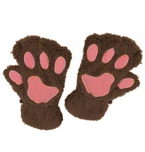 Brown Cute Bear Paw Fluffy Plush Glove Mittens, kawaii