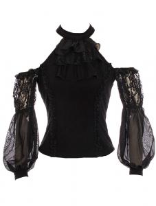 Black bare shoulders top with jabot, transparent puff sleeves, elegant gothic, RQBL