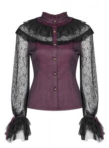 Burgundy shirt with black lace and transparent sleeves, back lacing, punk rave