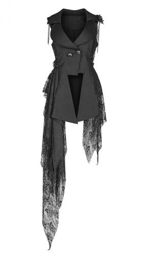 Asymmetric black fitted jacket, antique buttons and fabric lace flaps, Punk Rave