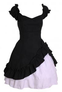 Black and white dress with frills and balloon sleeves, gothic lolita