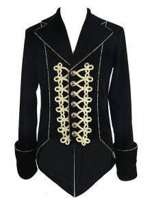 Black velvet men\'s tailcoat jacket with gold embroidery, elegant aristocrat chic