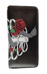 Black faux leather Wallet with skeleton, snake and roses, Gothic rockabilly