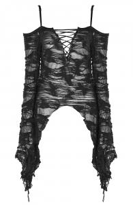 Black transparent torn effect top long sleeves and neckline, Gothic rock, Punk Rave