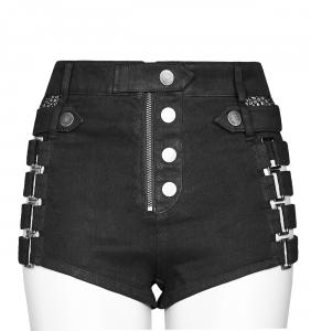 Black denim shorts with buttons, openings and straps, rock nugoth Punk Rave