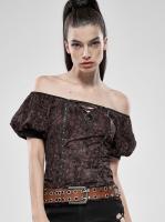 Brown bare shoulders top with lace-up and puffed sleeves, steampunk, Punk Rave