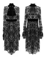 Robe noire  jabot transparente, motifs en velours floqu, gothique lgant