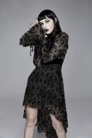 Black dress with jabot and transparent flocked velvet patterns, elegant Gothic