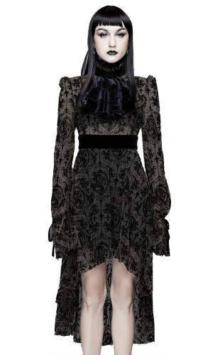 Black dress with jabot and transparent flocked velvet patterns, elegant Gothic