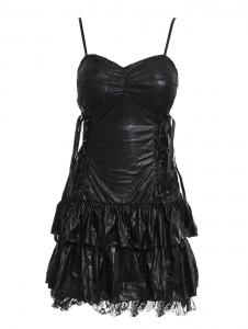 Black faux leather effect dress with lace, frills and lacing, gothic rock