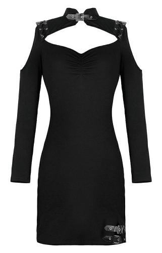 Black bodycon short dress with long sleeves, bare shoulders, gothic rock, Darkinlove