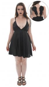 Black satin nightie sleepwear with large neckline and embroidered wings on the back
