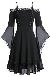 Bare shoulder Black dress with lace border and transparent parts