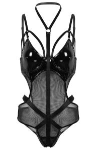 Black mesh and shiny vinyl bodysuit with harness straps, sexy goth fetish