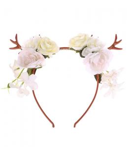 White roses and flowers Headband with deer antlers, cute paggan