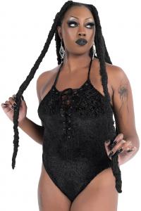 Midnyte Black velvet Bodysuit with vintage pattern and lace-up, KILLSTAR goth witch