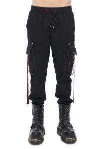 Men\'s black cargo pants with large pockets and red borders, goth rock