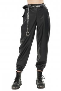 Women's black cargo pants with chain belt and pocket, goth rock