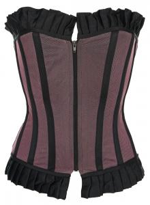 Black overbust corset with pink fishnet, zip and pleated border