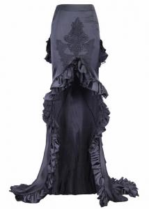 Long black skirt with train with embroidery and pleated ruffles, elegant goth