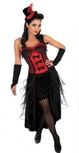 Burlesque cabaret outfit, black and red with hat