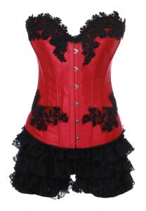Red corset with black lace, shorty bottom