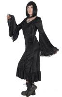 Long black velvet dress with lace-up and double flared sleeves