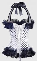 Black and white dots Corset with black lace, ribbons ans straps
