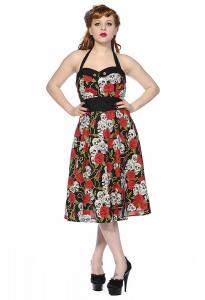 Black dress with wite skull and red pink pin-up rockabilly