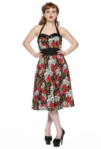 Black dress with wite skull and red pink pin-up rockabilly