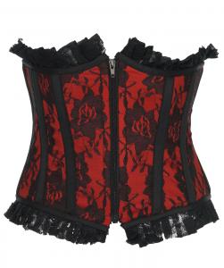 Serre taille rouge motif floral noir et bordure en dentelle